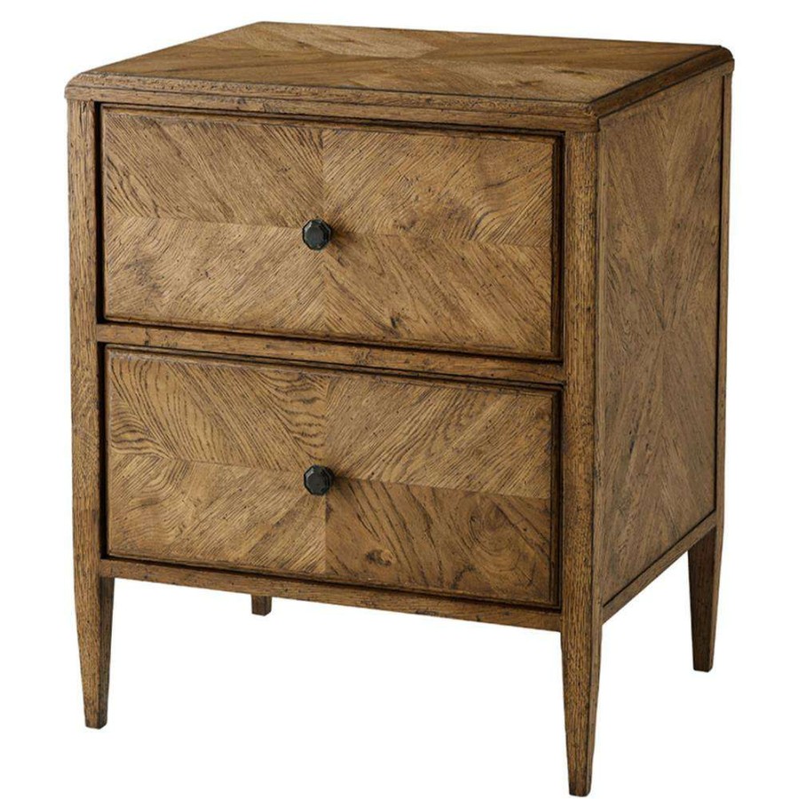 Furniture * | Theodore Alexander Nova Dawn Brown Herringbone Oak Wood 2 Drawer Nightstand Exclusive Design