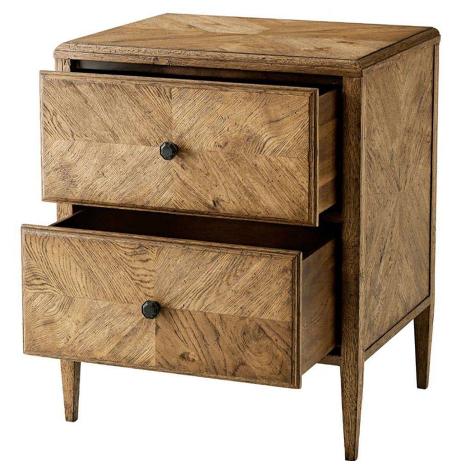 Furniture * | Theodore Alexander Nova Dawn Brown Herringbone Oak Wood 2 Drawer Nightstand Exclusive Design