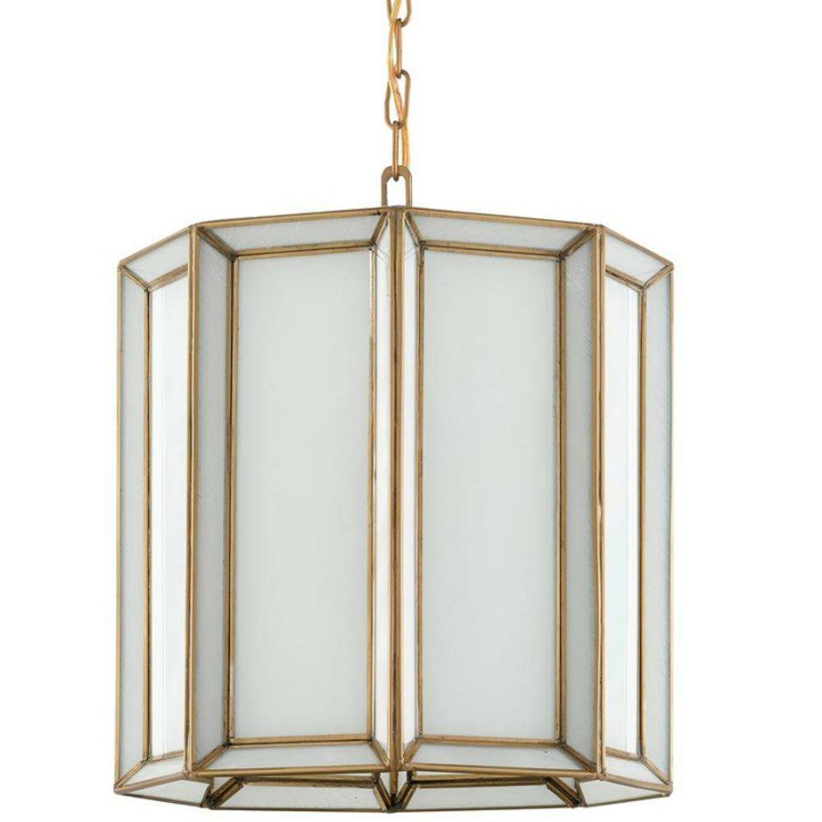 Lighting * | Farrah Hollywood Regency White Glass Antique Brass Pendant Discount