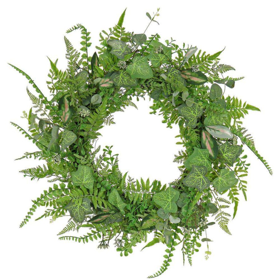 Decor * | Ellison French Country Green Mixed Leaves Faux Floral Wreath Excellent Quality