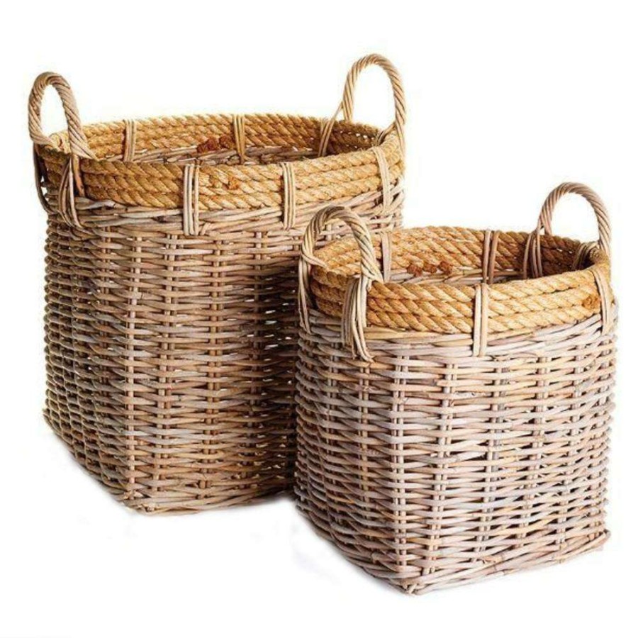 Decor * | Arthur Coastal Beach Brown Woven Rattan Harvest Baskets Set Of 2 Excellent Quality