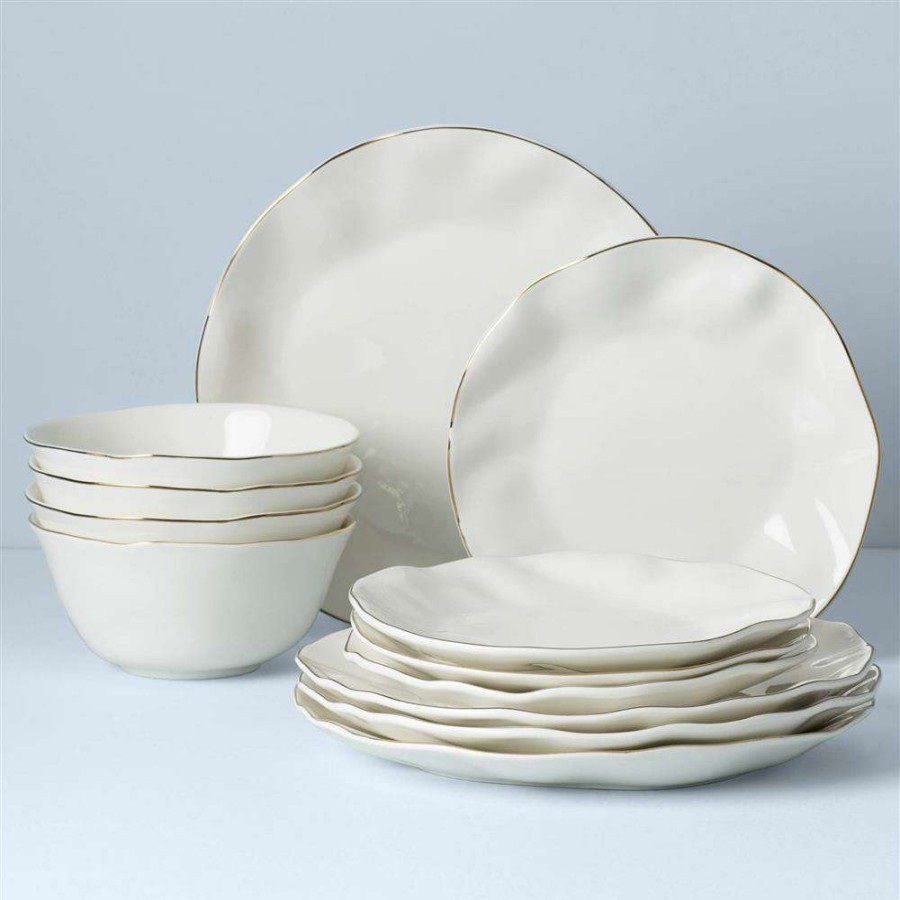 Dining & Bar * | Lenox Blue Bay Modern White Porcelain Gold Rim 12 Piece Dinnerware Set Best Choice