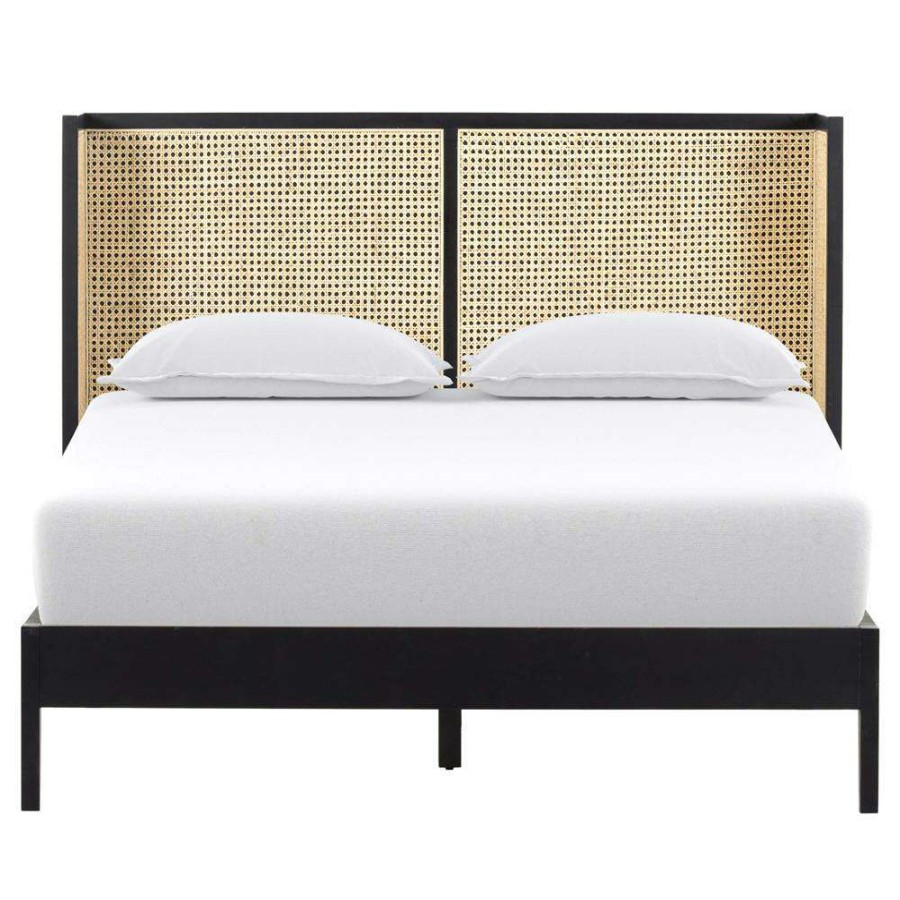 Furniture * | Annette Coastal Beach Black Solid Wood Natural Cane Platform Bed Queen Discounts