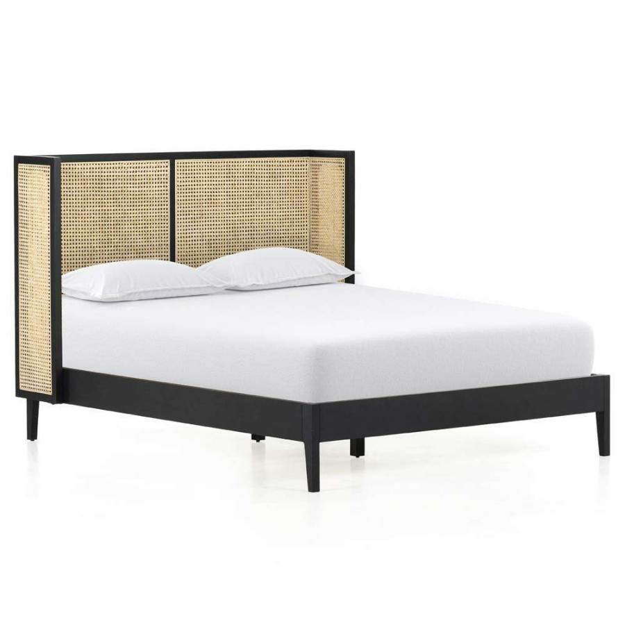 Furniture * | Annette Coastal Beach Black Solid Wood Natural Cane Platform Bed Queen Discounts