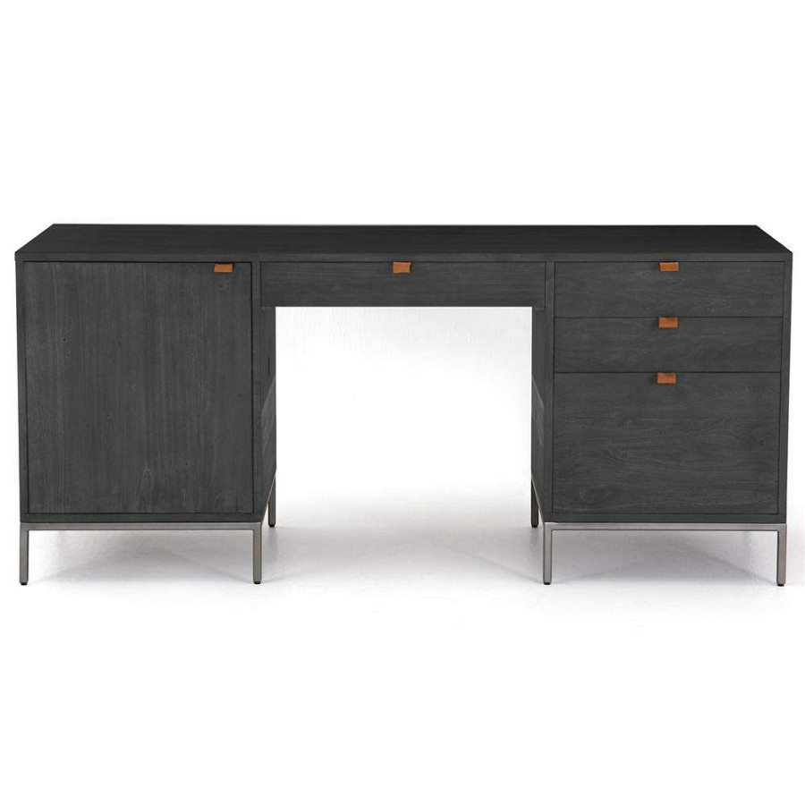 Furniture * | Theodore Industrial Loft Black Wood Grey Iron 1 Door 4 Drawer Executive Desk Free Delivery