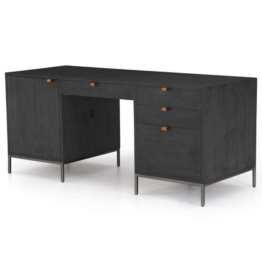 Furniture * | Theodore Industrial Loft Black Wood Grey Iron 1 Door 4 Drawer Executive Desk Free Delivery