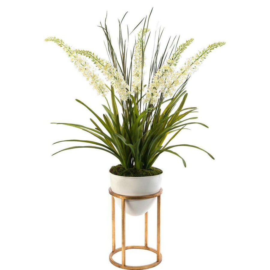 Decor * | John-Richard Hollywood Foxtail Forest White Vase Gold Leaf Stand Plant Official