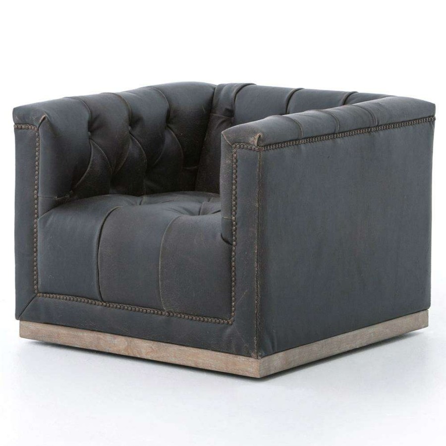 Furniture * | Emmy Rustic Lodge Vintage Black Leather Tufted Nailhead Trim Swivel Club Chair Best Quality