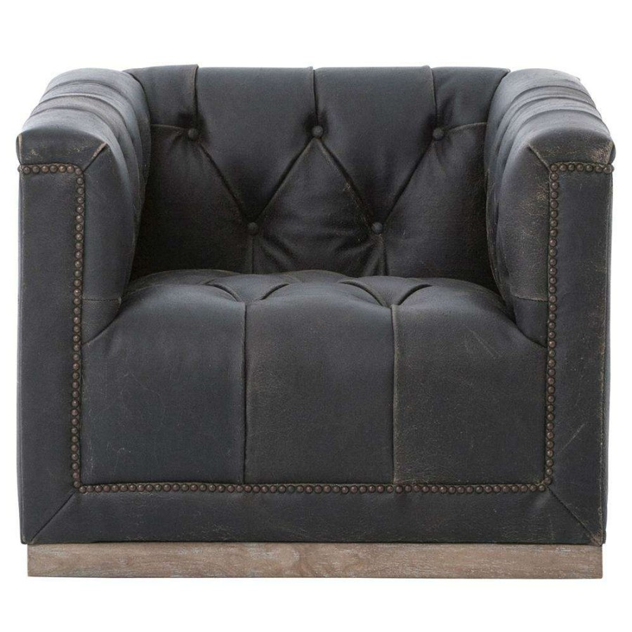 Furniture * | Emmy Rustic Lodge Vintage Black Leather Tufted Nailhead Trim Swivel Club Chair Best Quality