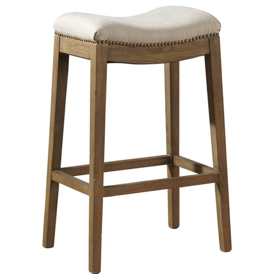 Furniture * | Amari French White Performance Brown Oak Wood Nailhead Backless Counter Stool Best Sale