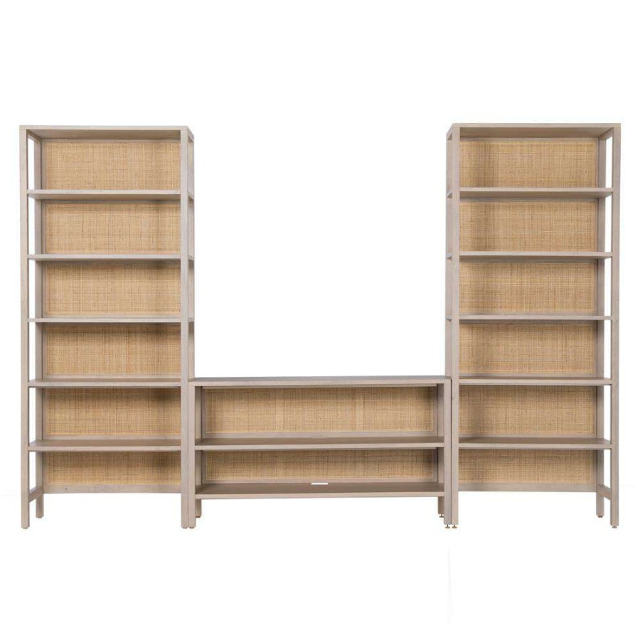 Furniture * | Cathy Coastal Beach Natural Mango Wood Frame Woven Cane Closed Back Bookcase Shop New