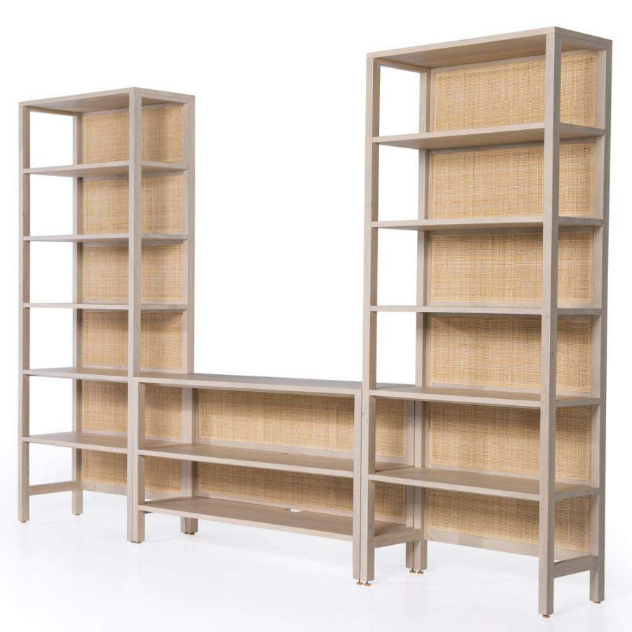 Furniture * | Cathy Coastal Beach Natural Mango Wood Frame Woven Cane Closed Back Bookcase Shop New