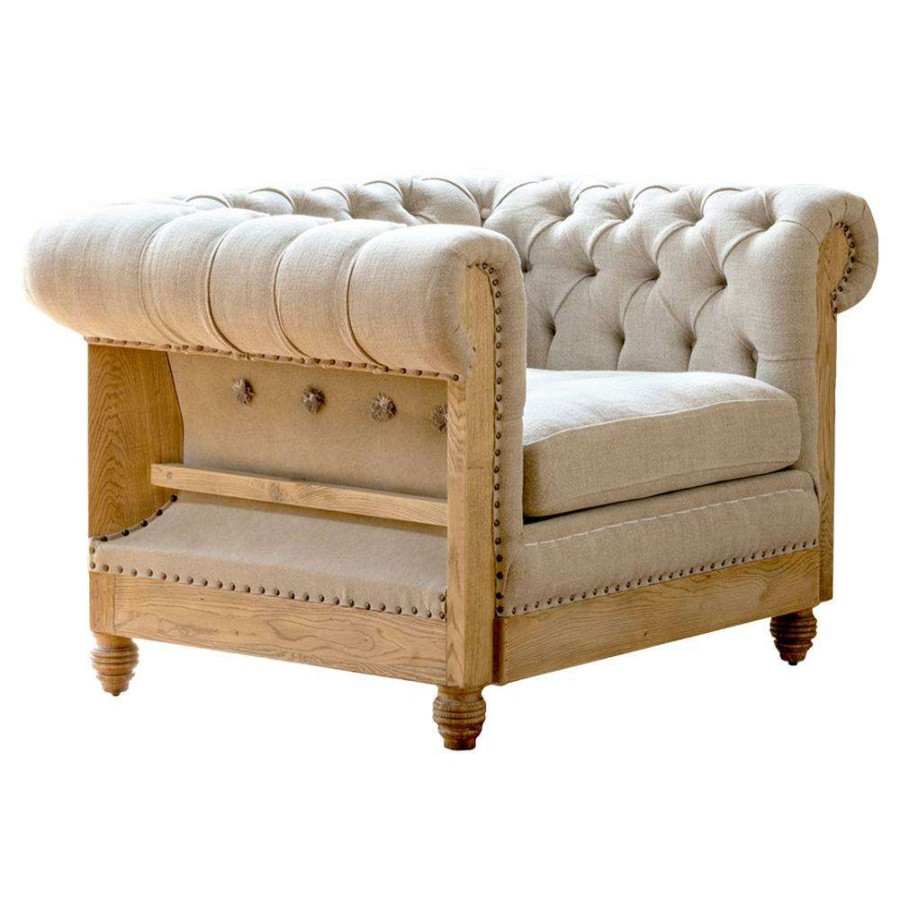 Furniture * | Marley French Country Beige Upholstered Brown Oak Wood Tufted Chesterfield Chair Discounts