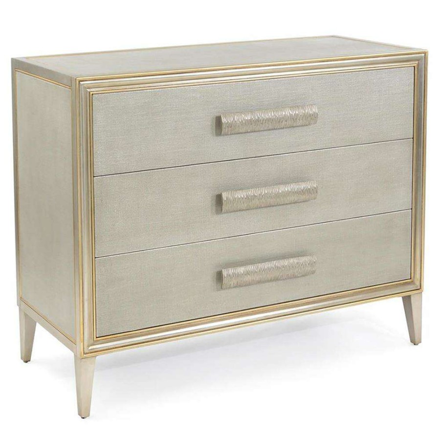 Furniture * | John-Richard Cefalu Hollywood Regency Grey Wood Gold Metal Accent 3-Drawer Chest Discounts