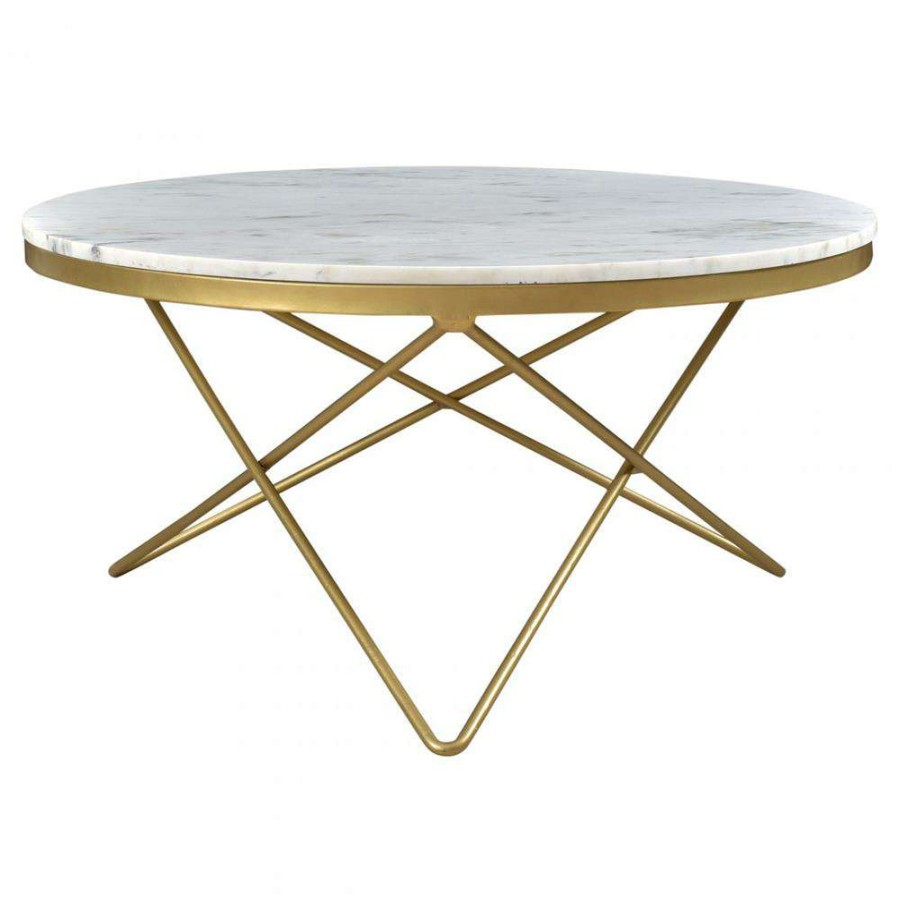 Furniture * | Alayna Hollywood Regency White Marble Gold Iron Round Classic Coffee Table Promotion