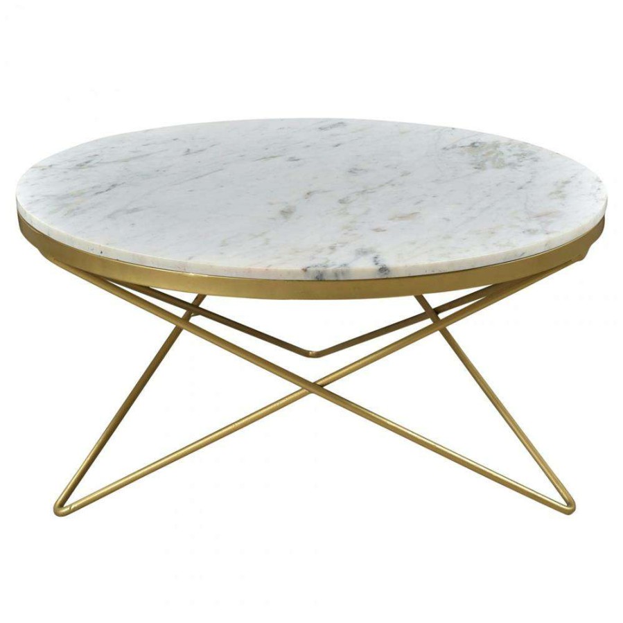 Furniture * | Alayna Hollywood Regency White Marble Gold Iron Round Classic Coffee Table Promotion