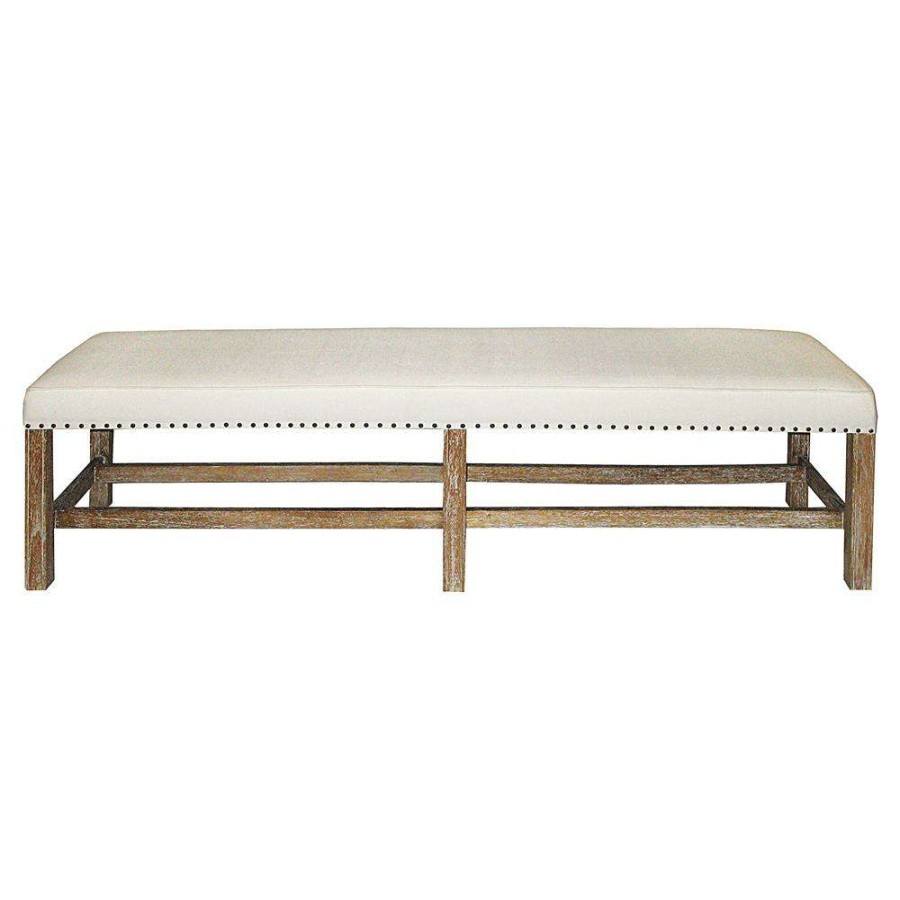 Furniture * | Noir Sweden Rustic Lodge White Cotton Brown Mindi Wood Nailhead Bench Official