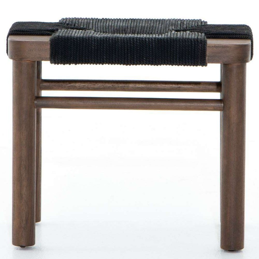 Furniture * | Jacob Global Bazaar Black Woven Rope Brown Teak Wood Stool Promotion