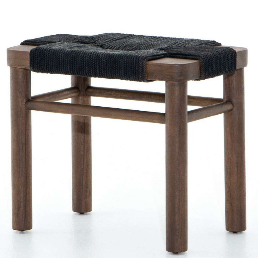 Furniture * | Jacob Global Bazaar Black Woven Rope Brown Teak Wood Stool Promotion