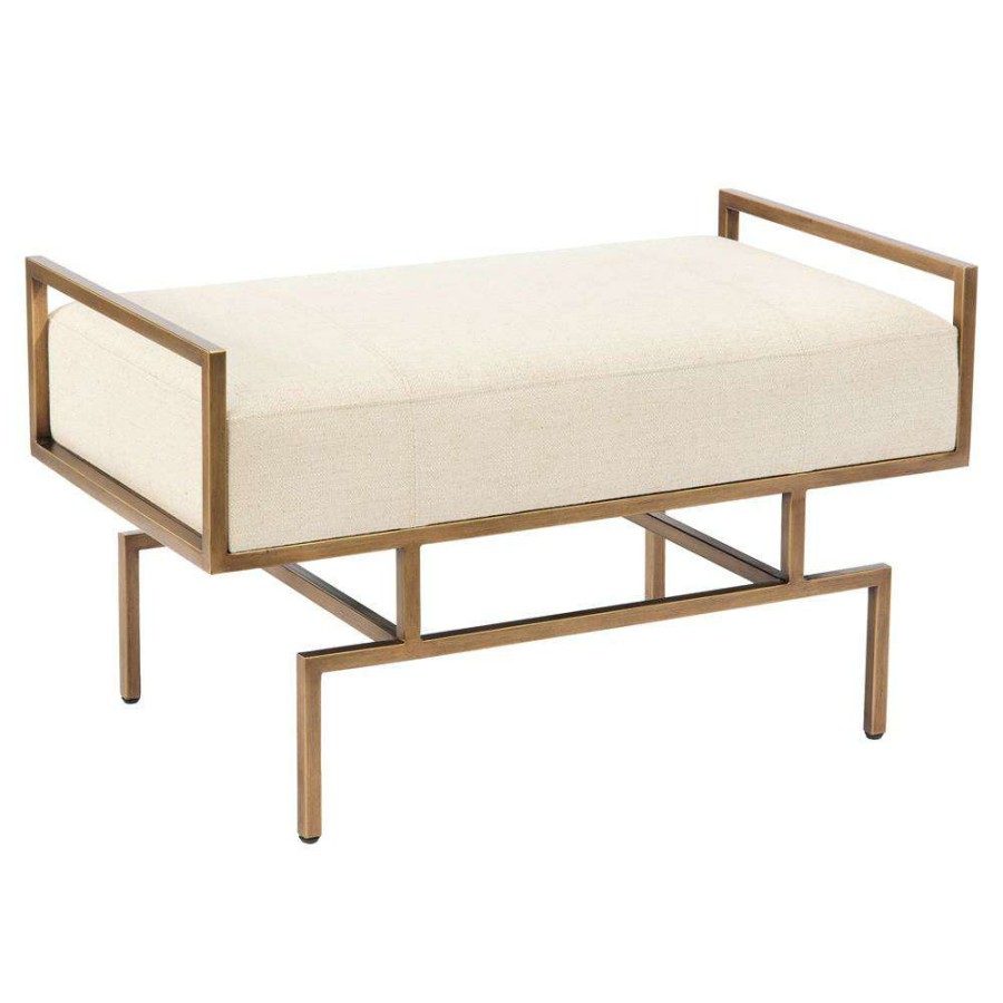 Furniture * | John-Richard Modern Classic Wiggins Beige Fabric Upholstered Gold Metal Frame Bench Best Quality