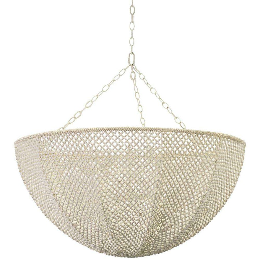 Lighting * | Palecek Quinn Coastal Beach White Wood Coco Beaded Inverted Dome Chandelier Excellent Quality