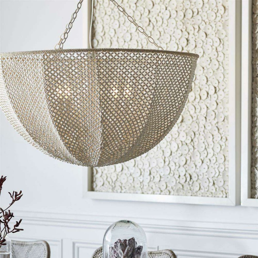 Lighting * | Palecek Quinn Coastal Beach White Wood Coco Beaded Inverted Dome Chandelier Excellent Quality