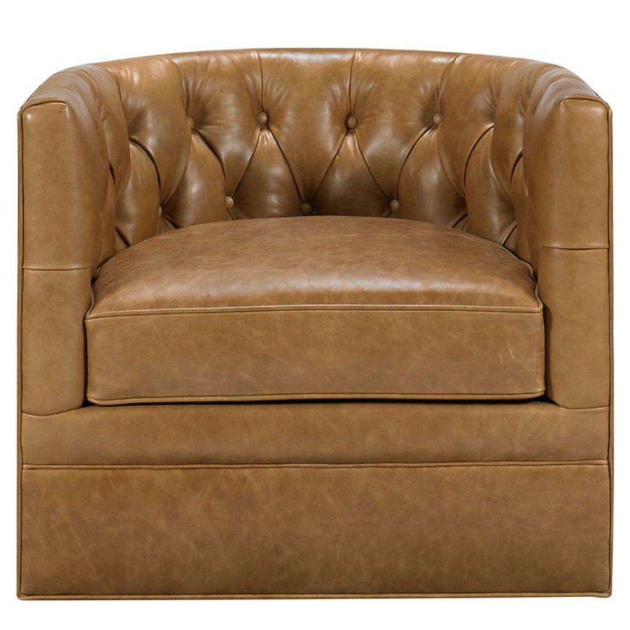 Furniture * | Harue Rustic Lodge Brown Upholstered Leather Button Tufted Swivel Barrel Chair Reliable Quality