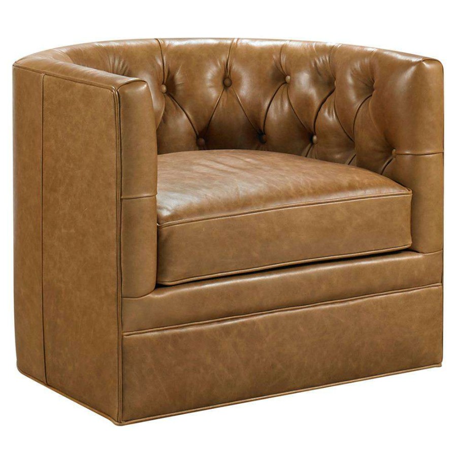 Furniture * | Harue Rustic Lodge Brown Upholstered Leather Button Tufted Swivel Barrel Chair Reliable Quality