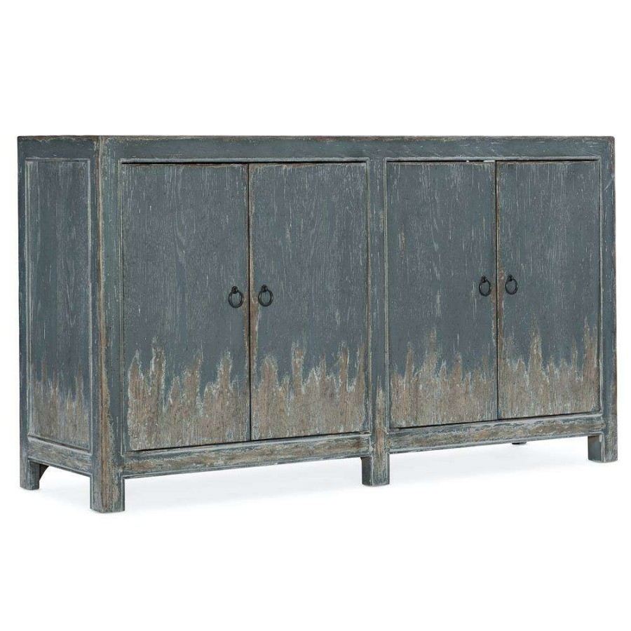 Furniture * | Baylee Coastal Beach 4 Door Blue Oak Wood Media Cabinet Discount