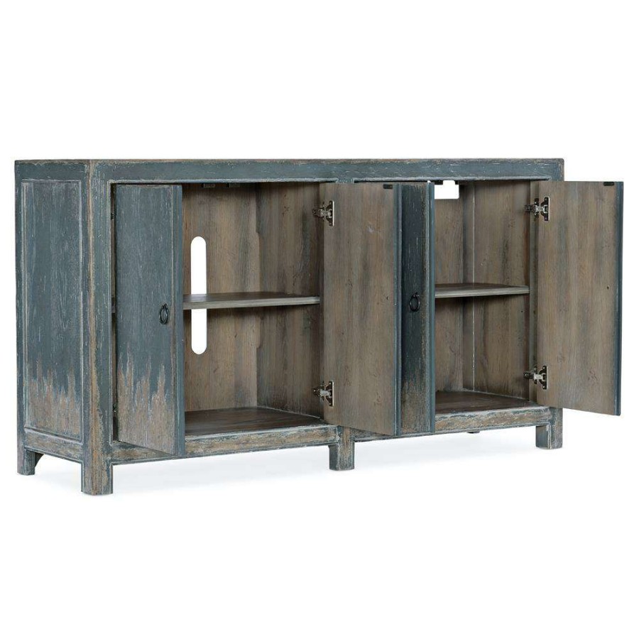 Furniture * | Baylee Coastal Beach 4 Door Blue Oak Wood Media Cabinet Discount