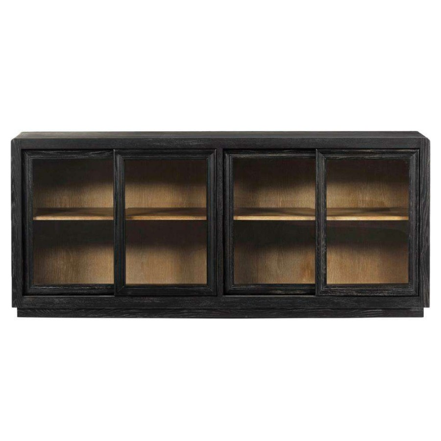 Furniture * | Roland Rustic Lodge Black Oak Wood Clear Glass 4 Door Sideboard Exactly Discount