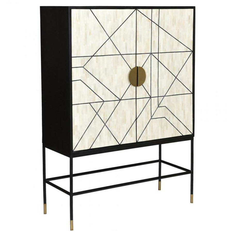 Furniture * | Gustavo Modern Classic Cream Bone Black Mango Wood 2 Door Bar Cabinet Less Expensive