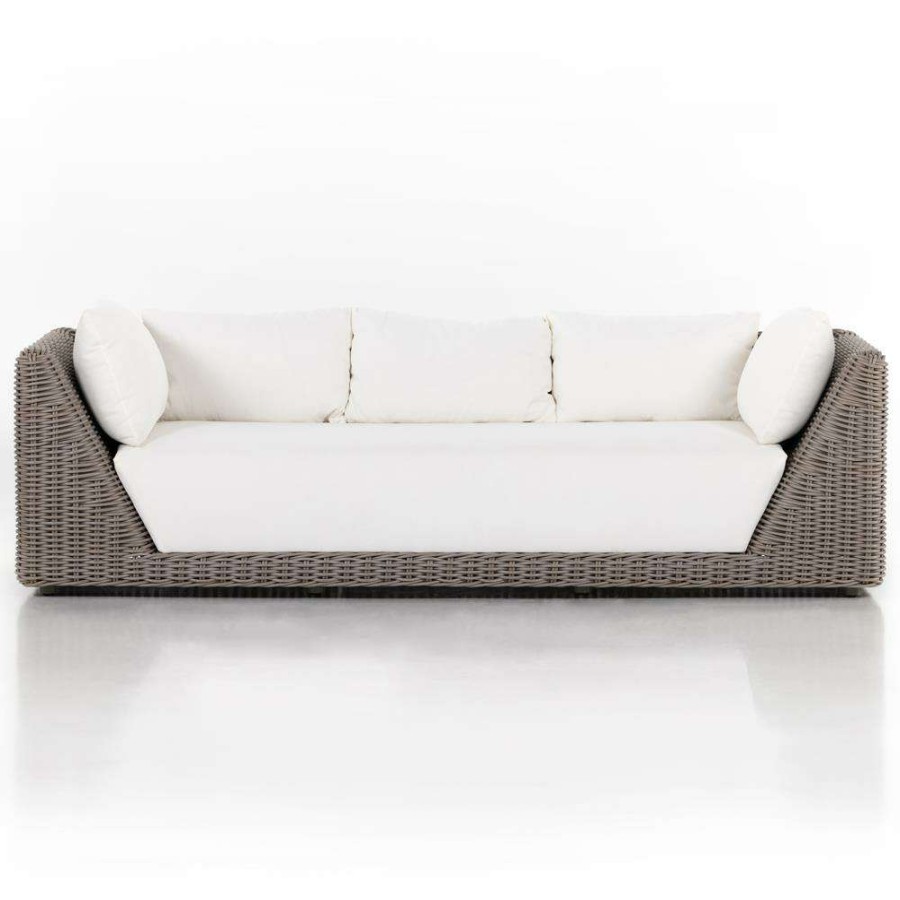 Outdoor * | Kaia Coastal Beach White Cushion Brown Woven Wicker Outdoor Sofa 97 W Discount