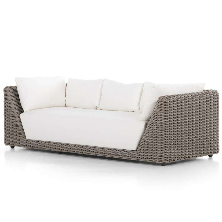 Outdoor * | Kaia Coastal Beach White Cushion Brown Woven Wicker Outdoor Sofa 97 W Discount