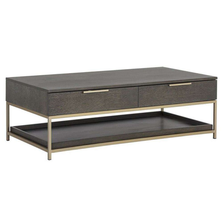 Furniture * | Sunpan Rebel Rustic Grey Wood Gold Iron Base 2 Drawer Rectangular Coffee Table Popular