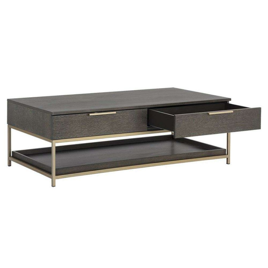 Furniture * | Sunpan Rebel Rustic Grey Wood Gold Iron Base 2 Drawer Rectangular Coffee Table Popular