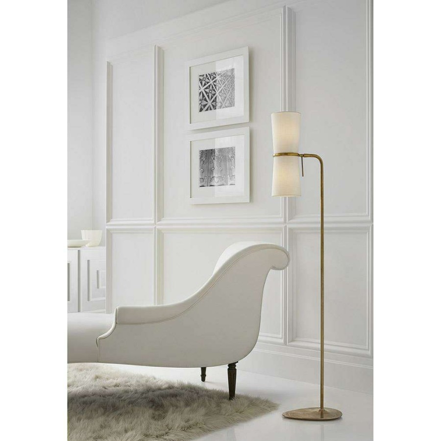 Lighting * | Visual Comfort Clarkson Mid Century Antique Brass Linen Shade Floor Lamp Best-Selling