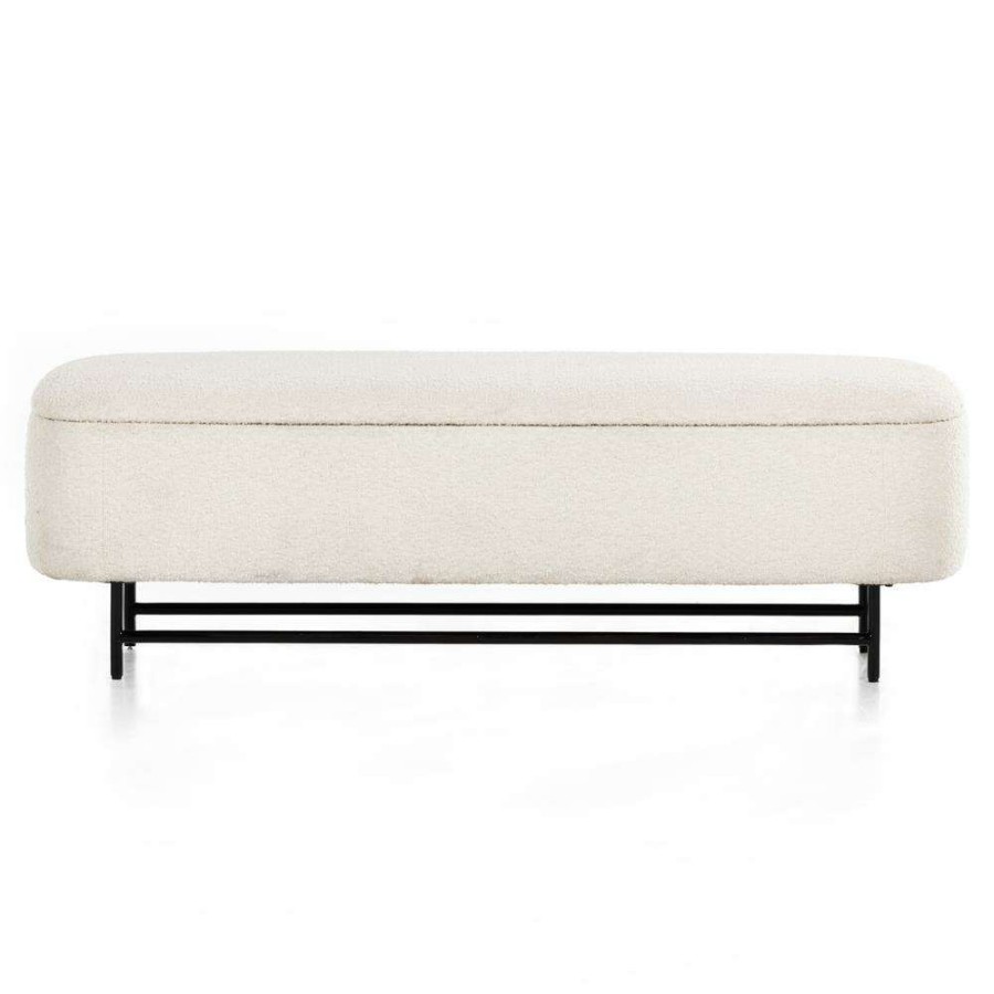 Furniture * | Zaara Industrial Loft White Upholstered Boucle Black Iron Frame Storage Bench Reliable Quality