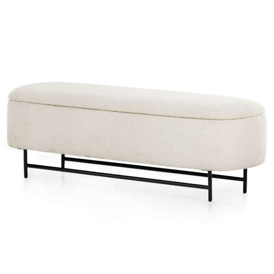 Furniture * | Zaara Industrial Loft White Upholstered Boucle Black Iron Frame Storage Bench Reliable Quality