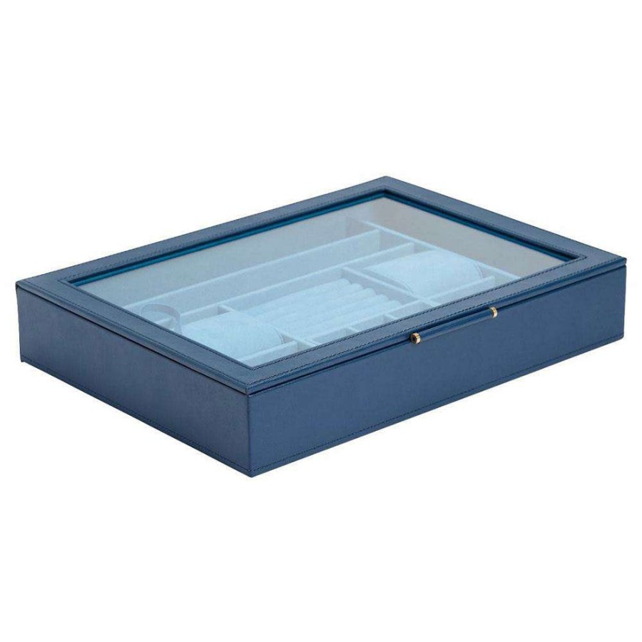 Decor * | Wolf Sophia Mid-Century Modern Clear Top Indigo Leather Jewelry Box Quick Delivery